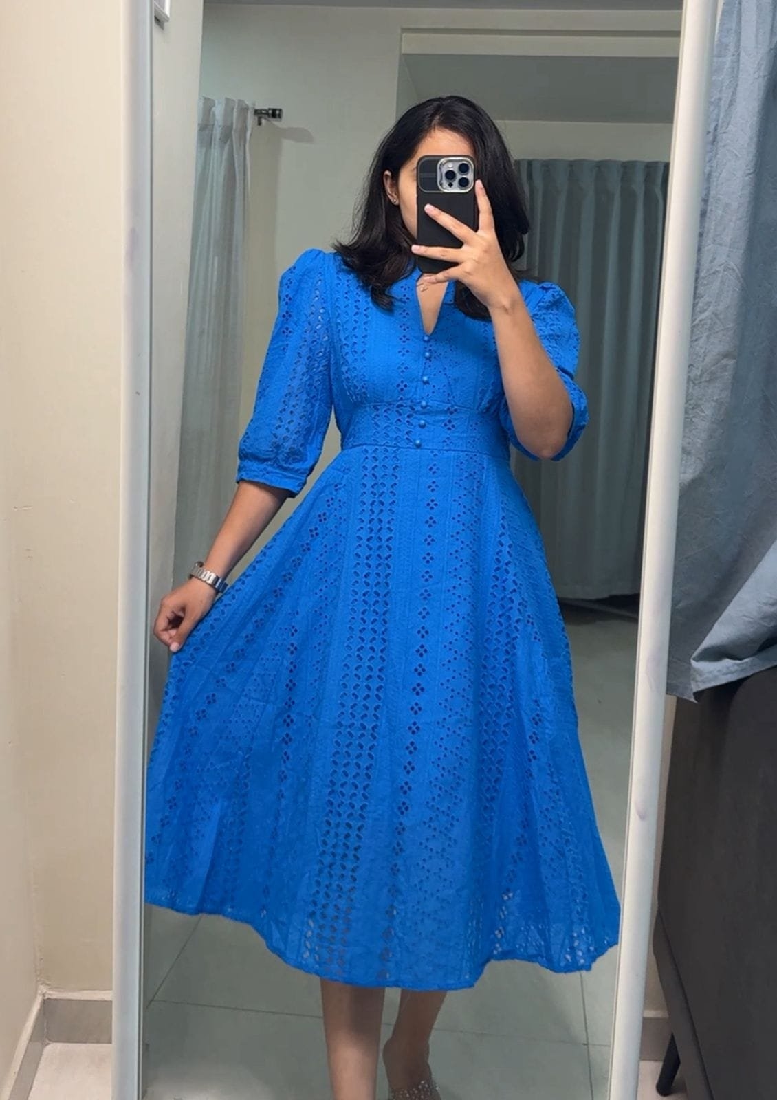 Remi Cotton Cutwork Midi Dress - Blue, M image