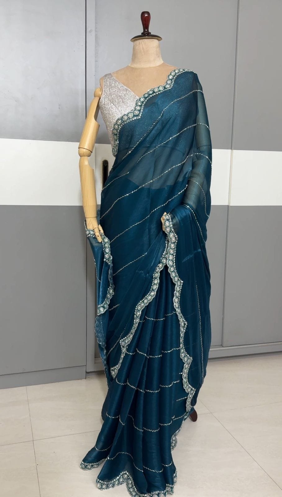Premium Jimmy Choo Stonework Sarees - Teel Blue image