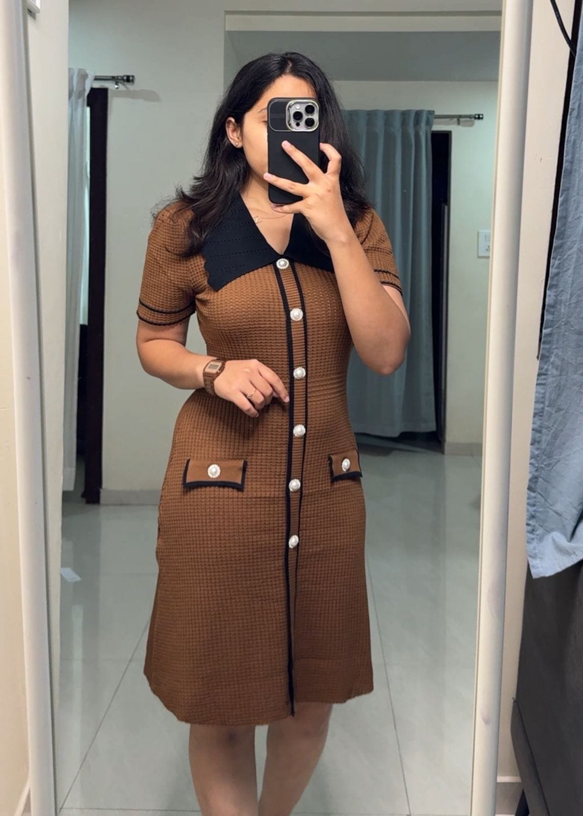 Reya Knit Collared Dress - Brown image