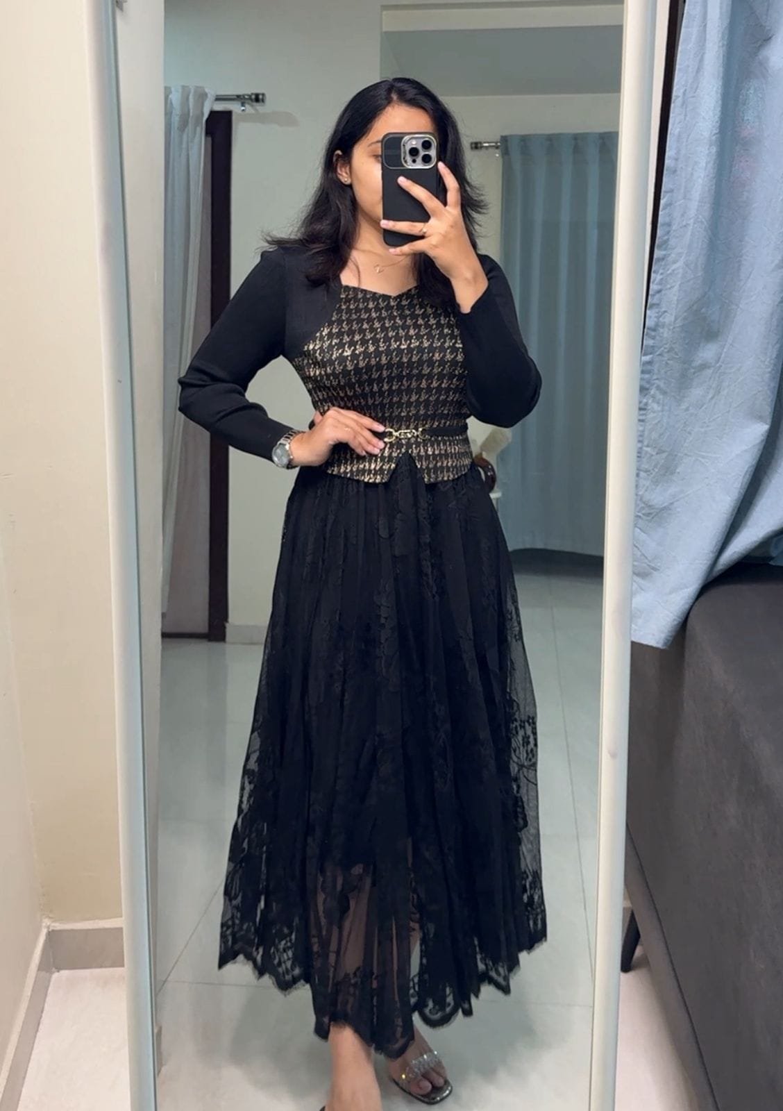 Tracy Elegant Lace Pleated Dress - Black image