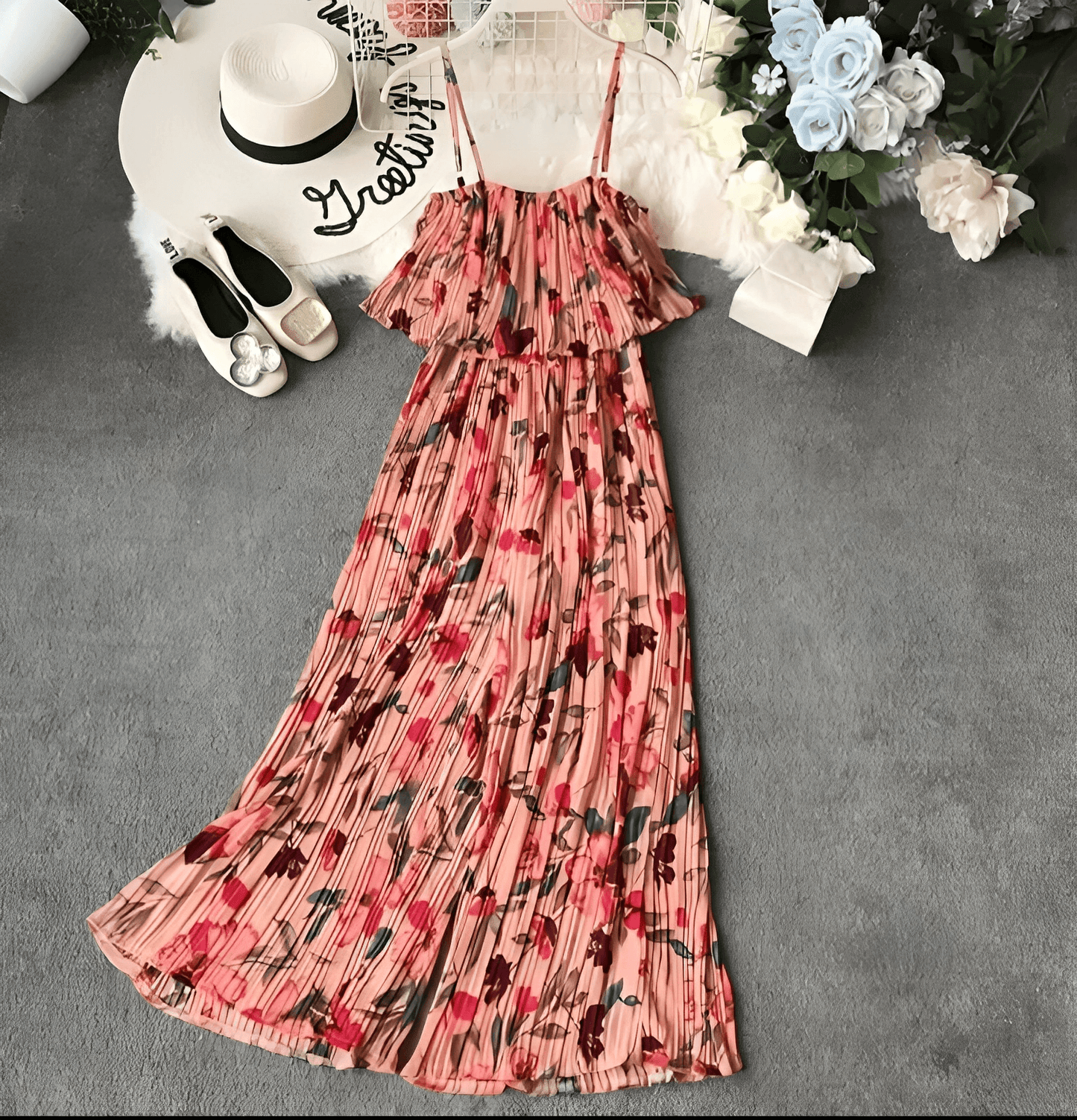 Floral Pleated Romper - Peach image
