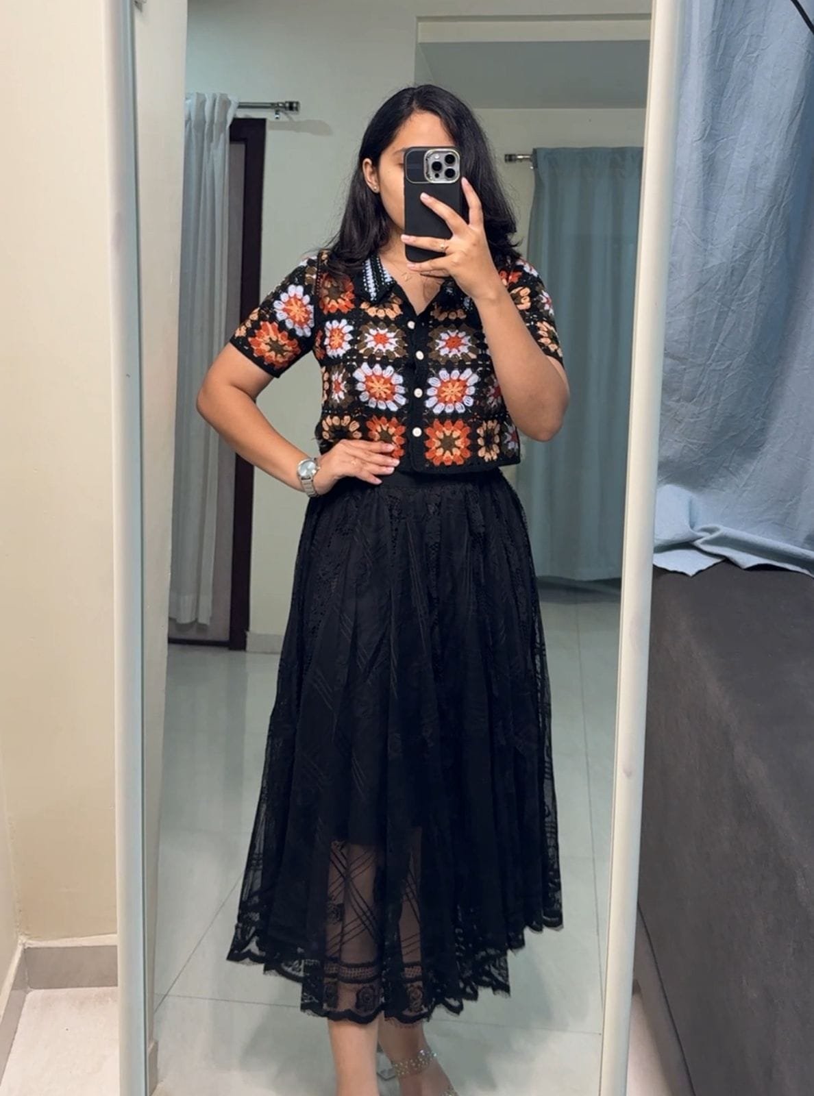 Manya Lace Midi Skirts - Black image
