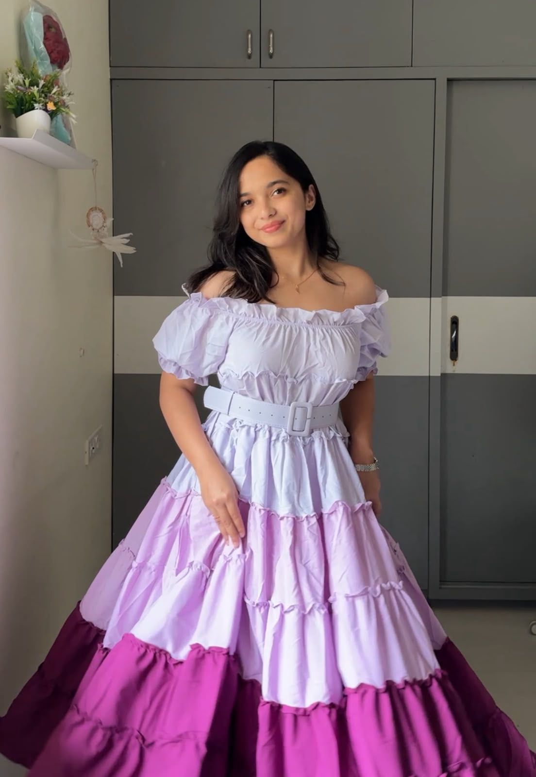 Colorblock Ruffled Off-Shoulder Gown